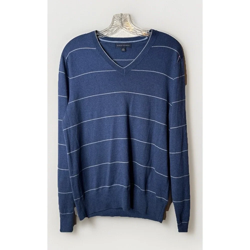 Banana Republic Blue Striped V-Neck Silk Cashmere Nylon Sweater Mens Size Medium